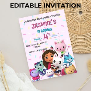 Edytowalny szablon zaproszenia urodzinowego Gabbys Dollhouse, drukowane zaproszenia na przyjęcie urodzinowe, cyfrowe zaproszenie na przyjęcie urodzinowe, zaproszenie na kartkę urodzinową