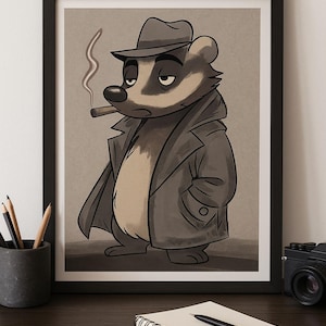 Afdrukbare kunst Noir Detective Badger | Grappige dierenmuurdecoratie | Digitale download | Retro mysterieillustratie | Woodland-kantoorkunst