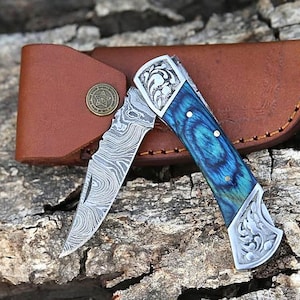 Back Lock Handmade Damascus Steel Pocket Knife, Blue Wood Handle Groomsmen Gifts, Folding Knife Birthday Gifts, For Husband Gift For Dad Son