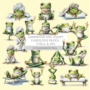 Clipart yoga & Spa de fabuleuses grenouilles, 18 images PNG, usage commercial, illustrations de grenouilles relaxantes, méditation, bien-être, journée de spa, clipart yoga