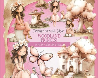 Conjunto de imágenes prediseñadas de princesa del bosque, estilo acuarela (descarga digital)