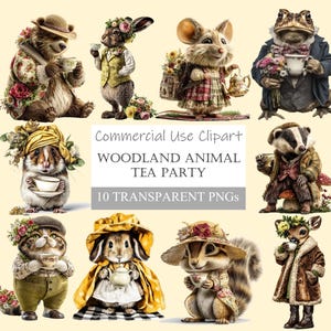Woodland Animal Tea Party Clipart Set PNGs | Vintage Floral Animals with Teacups | Cottagecore Animal Illustrations | Commercial Us