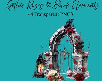 Gothic Dark Elements Clipart Bundle: Roses, Skulls, Ravens (PNG Digital Download)