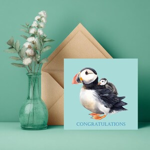 Puede incluir: Una tarjeta de felicitaci&oacute;n con una ilustraci&oacute;n en acuarela de un frailecillo que lleva un beb&eacute; frailecillo en la espalda. La tarjeta tiene un fondo azul claro y la palabra "FELICIDADES" en azul. Un jarr&oacute;n de cristal verde con flores blancas a la izquierda.