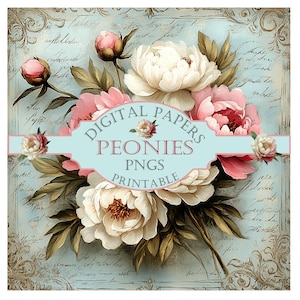 Peony backing papers floral digital downloads, printable vintage style for cardmaking & journaling.