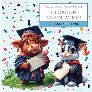 Glorious Graduation Clipart Set - Niedliche Tier graduierte in Hüten und Kleidern - Digitaler Download für Karten, Schulgeschenke, Party Dekor, DIY-Projekte