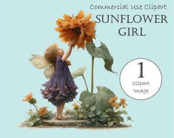 Sunflower Girl Clipart: Watercolor Illustration (PNG Digital Download)