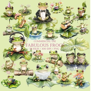 28 fabuleuses grenouilles Clipart, png transparent 300 DPI de haute qualité, créations en papier, impressions numériques, agenda numérique, art mural, usage commercial