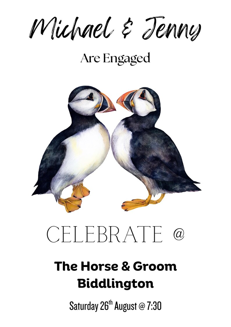 Puede incluir: Anuncio de compromiso con dos frailecillos acuarelados. El texto dice "Michael & Jenny Are Engaged" y "CELEBRATE @ The Horse & Groom Biddlington Saturday 26th August @ 7:30".