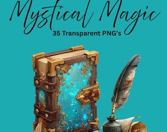 Mystical Magic Clipart Bundle: Witchcraft Spellbooks, Quills, Scrolls (PNG Digital Download)