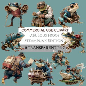 Steampunk Frog Clipart Bundle | 10 PNGs | Fantasy Animal Illustration Set | Printable Frog Art for Crafts & Merch