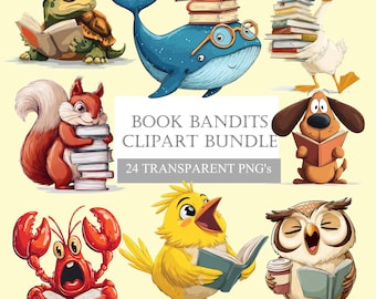 Imágenes prediseñadas de animales leyendo – Gráficos para amantes de los libros, pegatinas para profesores (24 imágenes PNG, descarga instantánea)