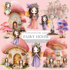 Whimsical Fairy House Clipart Set – 16 PNGs with Cute Fairies & Mushroom Houses, Magical Woodland Digital Download, Commercial Use OK