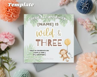 Wild & Three Birthday Invitation, Safari Jungle Party Invite, Editable 3rd Birthday Canva Template, Instant Download