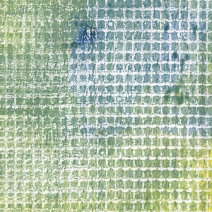 May include: Abstract artwork with a grid pattern overlaying a blend of green, blue, and yellow hues. The grid appears to be white, creating a textured effect across the canvas. The colors blend and bleed into each other.