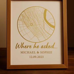 Impression de carte personnalisée en feuille d'or | Cadeau de fiançailles de mariage | Lieu et date personnalisés | Où il a demandé | Carte du Royaume-Uni | Impression feuille A4