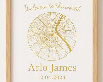 Baby Birth Place Map Print | Gold Foil New Baby Gift | Custom Location Nursery Art | Personalised A4 Print | Baby Keepsake UK