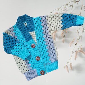 Crocheted Chunky Children’s Cardigan – Handmade Sea Breeze Blue Jumper with Balloon Sleeves
