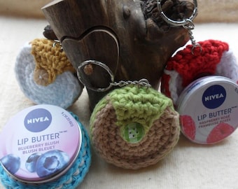 Crocheted Lip Balm Holder Keyring: Nivea, Carmex, Vaseline