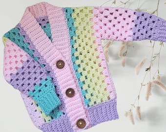 Crocheted Chunky Children&#39;s Cardigan: Pastel Rainbow Balloon Sleeves