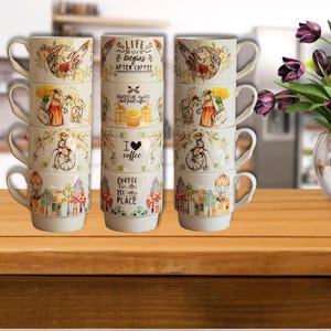 水彩画のネズミが描かれたスタッキングマグカップ - キュートな宇宙、旅行、風船のデザイン、キッチンギフトに最適