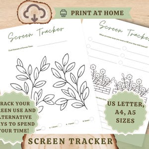 Puede incluir: Dos páginas imprimibles blancas de Screen Tracker con detalles en verde. Una página tiene un diseño floral, la otra tiene espacio para actividades alternativas. El texto incluye "¡Realiza un seguimiento del uso de tu pantalla y formas alternativas de pasar tu tiempo!" e "Imprime en casa."