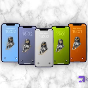 May include: Five smartphones with different colored backgrounds, each displaying a digital art image of a bust of a woman with a golden headdress. The time and date are displayed on each screen. The phones are arranged on a marble surface.