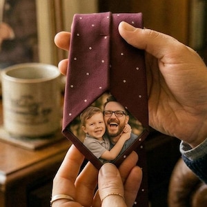 May include: A burgundy tie with white polka dots, displaying a framed photo of a man and child. A Father's Day card and a framed photo are on a wooden table. The tie is held by a person.