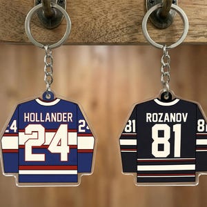 May include: Two hockey jersey keychains. One is blue with the name "HOLLANDER" and the number "24". The other is navy with "ROZANOV" and "81". Both have white and red accents and are attached to silver keyrings.