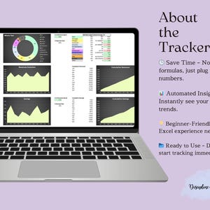 K&ouml;nnte beinhalten: Ein Laptop-Computer zeigt eine Tabellenkalkulation mit Diagrammen und Grafiken. Der Text "About the Tracker" wird auf der rechten Seite des Bildes angezeigt. Der Text "Save Time - No complex formulas, just plug in numbers." wird unter dem Titel angezeigt. Der Text "Automated Insights - Instantly see your spending trends." wird unter der ersten Textzeile angezeigt. Der Text "Beginner-Friendly - No Excel experience needed." wird unter der zweiten Textzeile angezeigt. Der Text "Ready to Use - Download & start tracking immediately." wird unter der dritten Textzeile angezeigt. Der Text "Discipline and Dollars" wird am unteren Rand des Bildes angezeigt.