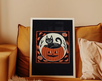 Pumpkin Cat - Abstract Black Kitty Art Print - Halloween Wall Art Poster