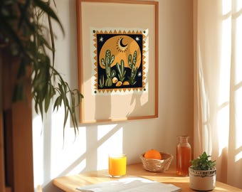 Cactus at Night - Abstract Colorful Wall Art Decor - Funky Retro Western Aesthetic