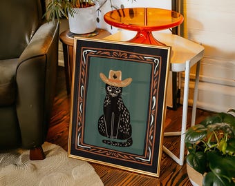 Impresión artística abstracta de gato vaquero negro - Póster de arte mural de animales