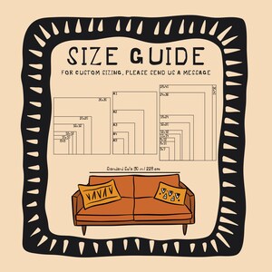 May include: A size guide for custom-sized throw pillows with different sizes listed in inches. The guide includes a standard sofa size of 90 inches. The image also shows a brown sofa with two throw pillows, one with a geometric pattern and the other with a wavy pattern.