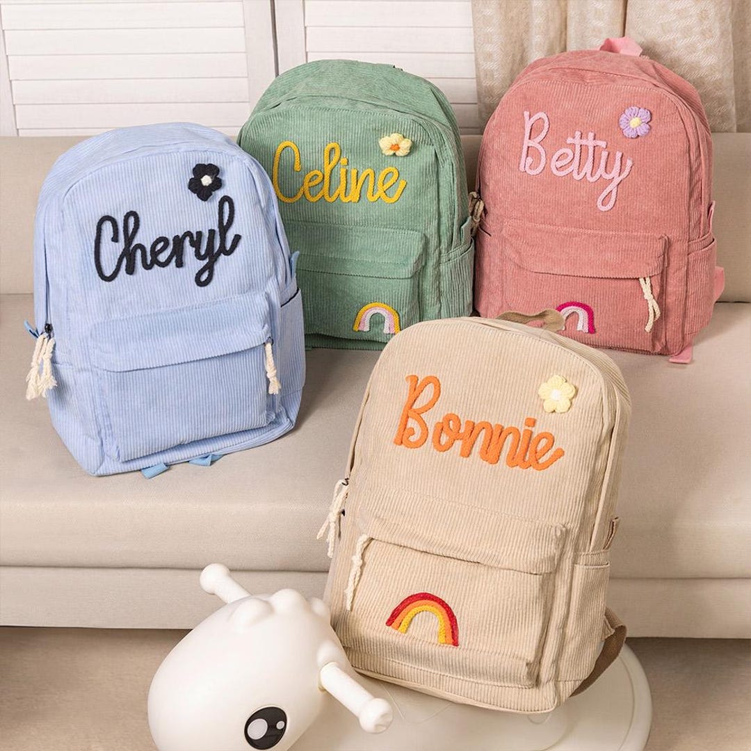 Custom Name Corduroy Backpack | Personalized Braided Flower and Rainbow ...