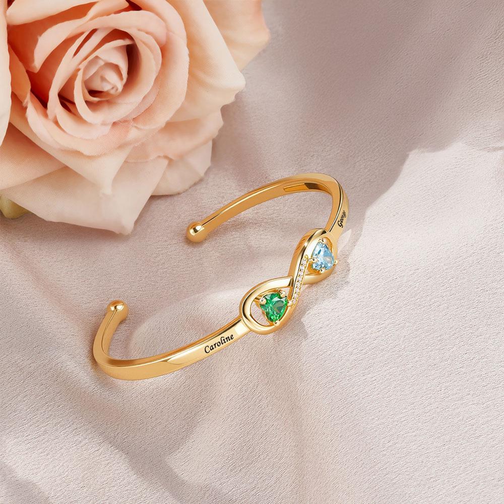Personalized Infinity Bangle With Names & Heart Birthstones, Open Cuff ...