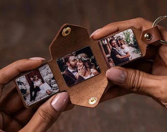 Personalized Photo Keychain | Leather Folded Picture Album Keyring with Engraving | Memory Keepsake Father‘s Day Gift for Him Dad