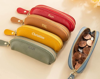 Personalized Name Portable Coin Bag with Zipper, Mini Leather Cosmetic Bag, Pen Storage Pouch, Birthday/Graduation Gift for Her/Family
