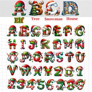 May include: A collection of Christmas-themed alphabet letters and numbers. Each letter and number is decorated with festive elements like elf hats, candy canes, and holly. The image also includes the words "Elf", "Tree", "Snowman", and "House".