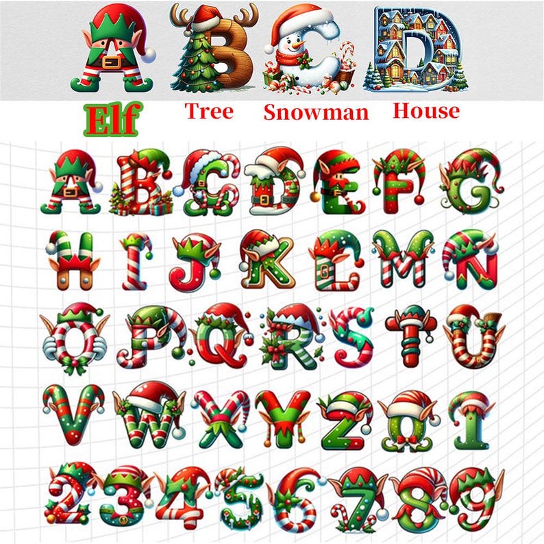 May include: A collection of Christmas-themed alphabet letters and numbers. Each letter and number is decorated with festive elements like elf hats, candy canes, and holly. The image also includes the words "Elf", "Tree", "Snowman", and "House".