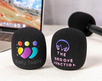 Anpassade fotomikrofonskydd Set med 2 rektangulära skumvindskydd för handhållna mikrofoner med logotyp, presenter till kreatörer/värdar