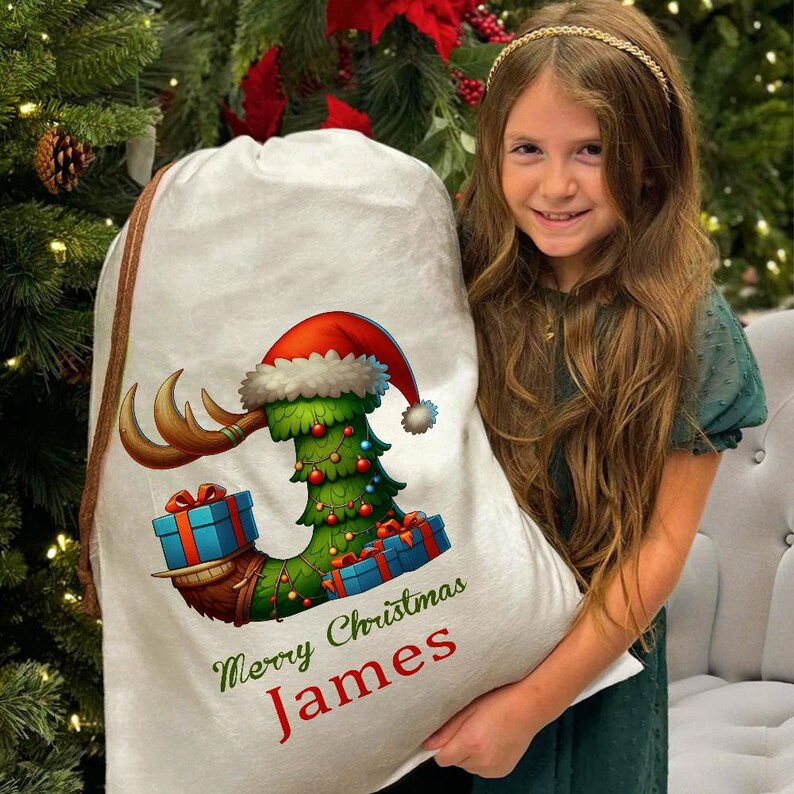 May include: A white Christmas gift sack with a festive design featuring a Christmas tree, Santa hat, and reindeer antlers. The sack is decorated with blue gift boxes and the text "Merry Christmas James" in red.