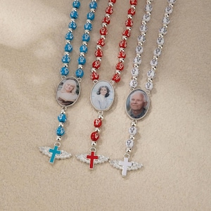 Personalized Photo Cross Rosary Beaded Necklace with Angel Wings Custom Picture Crucifix Necklace Memorial Jewelry Christian Gift for Family