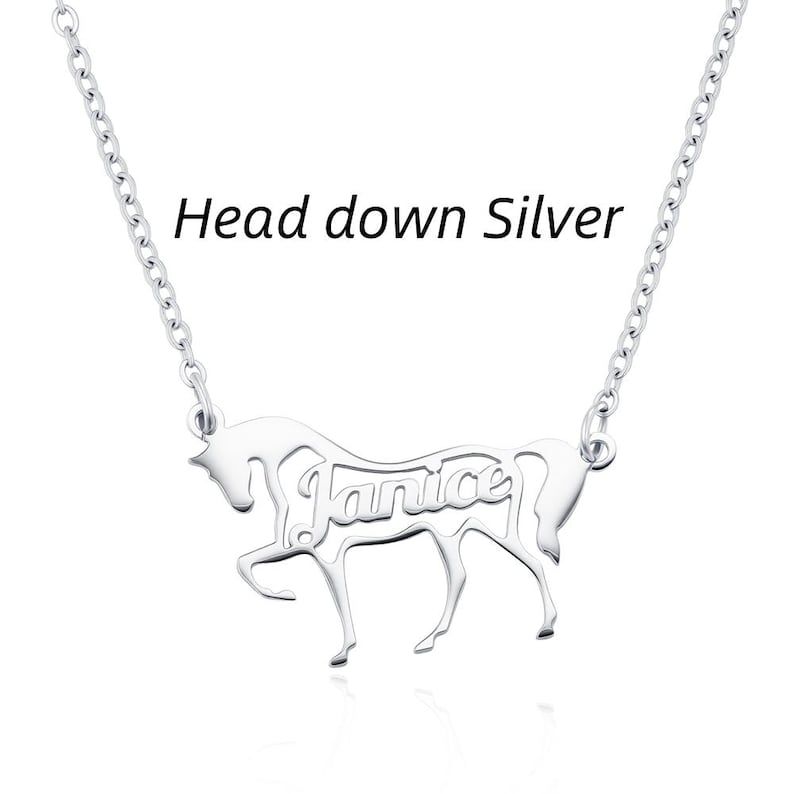 May include: A silver-toned necklace featuring a pendant shaped like a horse with its head down. The name Janice is cut out from the center of the horse's body. The text Head down Silver is printed above the pendant, which hangs from a thin chain.