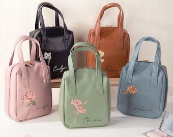 Personalized Name Birth Flower Makeup Pouch with handle PU Leather Travel Toiletry Bag Cosmetic Bag Gift for Women Bridesmaid Wife
