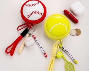 Custom Tennis Ball Baseball Basketball Soccer Name Bead Keychain Coin Purse with Racket Ball Charms Birthday Gift for Ball Lovers Teammates