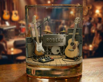 Personalisiertes Guitar Studio Themed Whiskyglas mit Namen Geburtstagsgeschenk für Gitarristen / Musikliebhaber