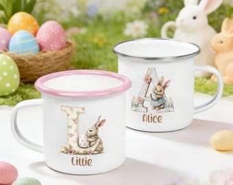 Personalized Name Easter Enamel Mug Bunny Alphabet 12oz Cup with Handle Tin Camping Mug Easter Party Favor Gift for Kids