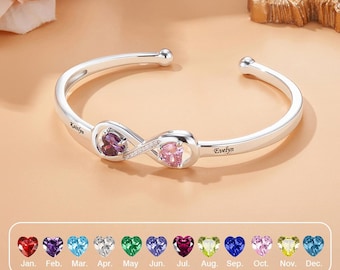 Personalized Infinity Bangle with Names & Heart Birthstones, Open Cuff Adjustable Bangle, Anniversary/Valentine's Day Gift for Her/Couple