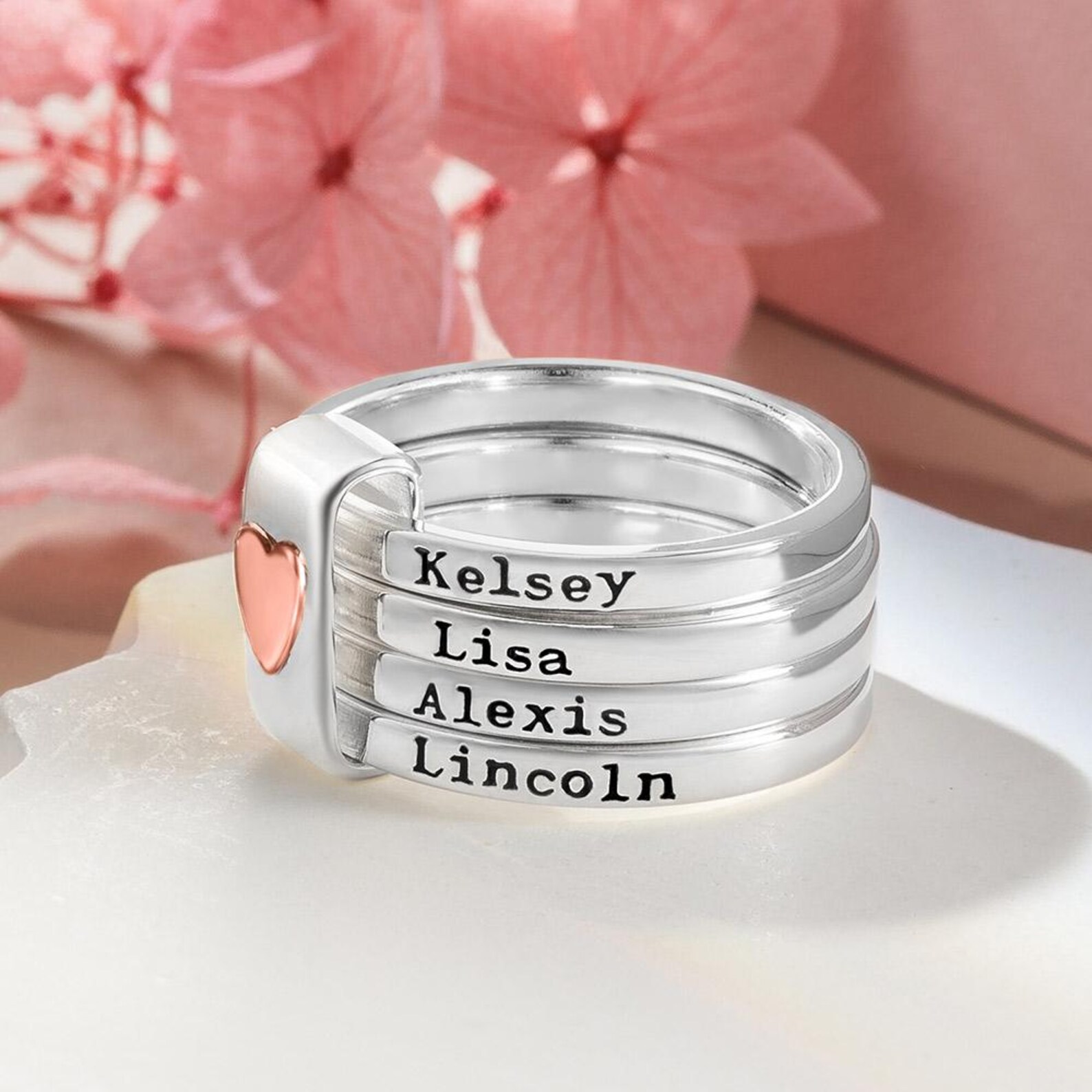 Personalized Engraved 2-5 Names Stacking Rings With Heart, Rustic ...